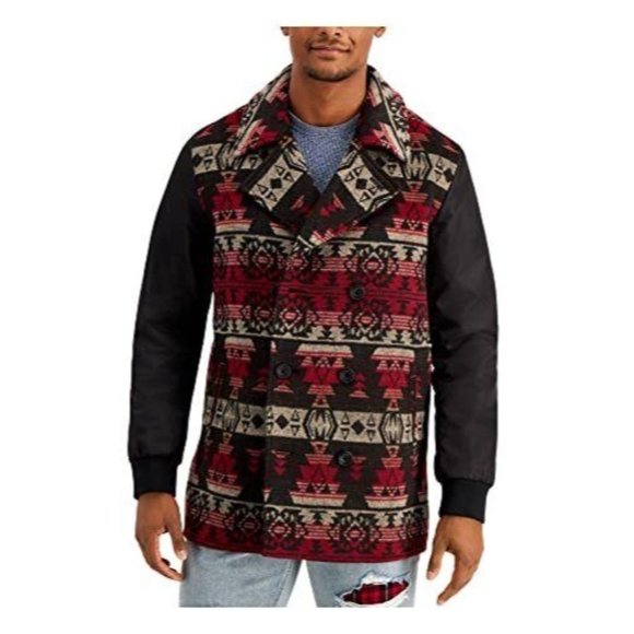 Sun Stone Mens Coat Small Pea-Coat Jacket Tribal Geomatric Print Red Size S - Picture 1 of 3